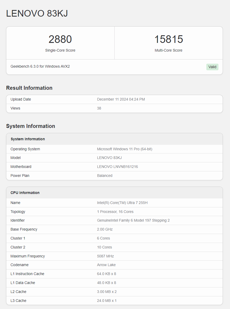 Core 7 Ultra 255H Geekbench