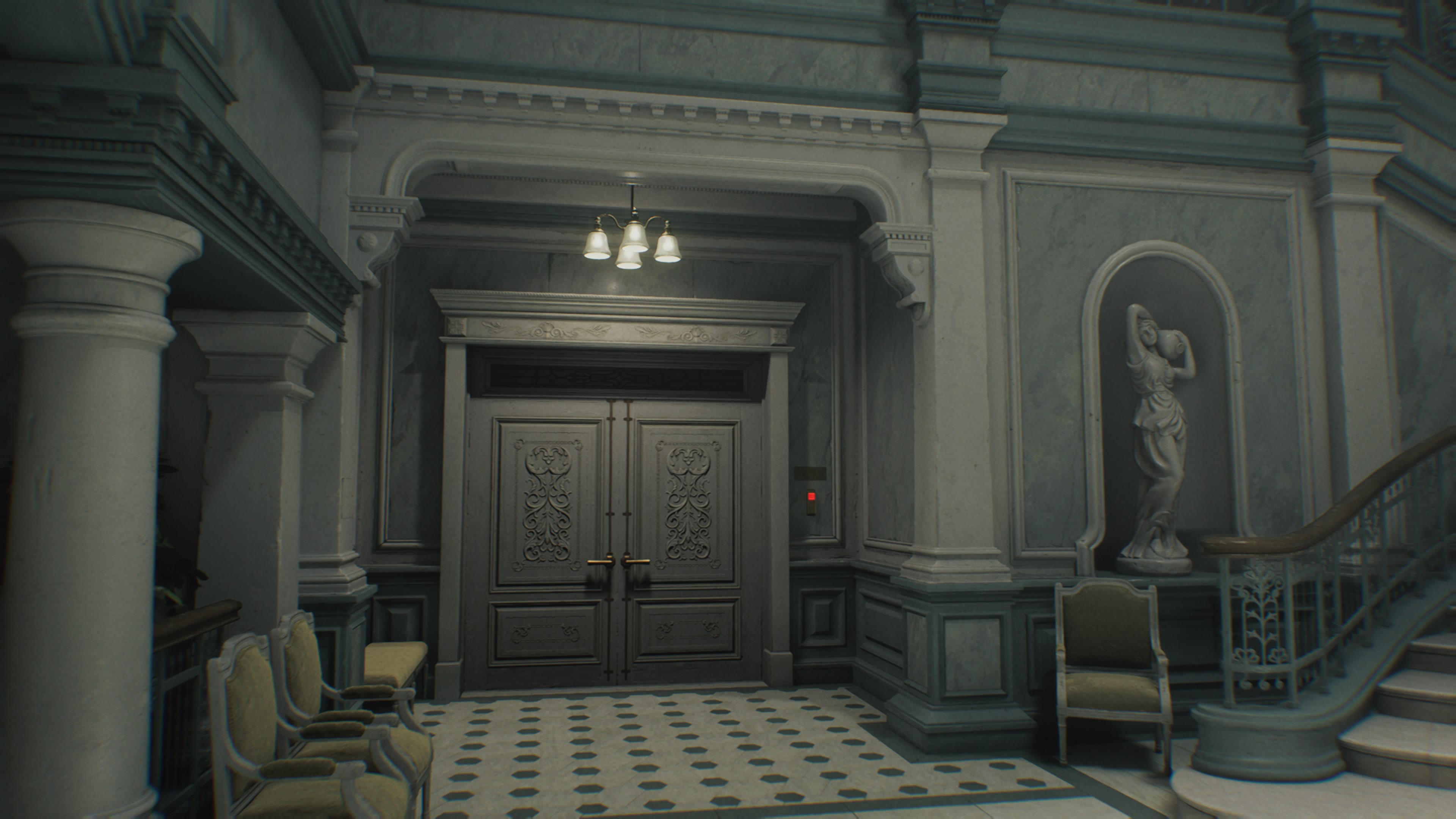 Resident Evil Requiem - Grace: hol posiadłości, biuro ochrony, skrzydło zachodnie, kuchnia, pistolet