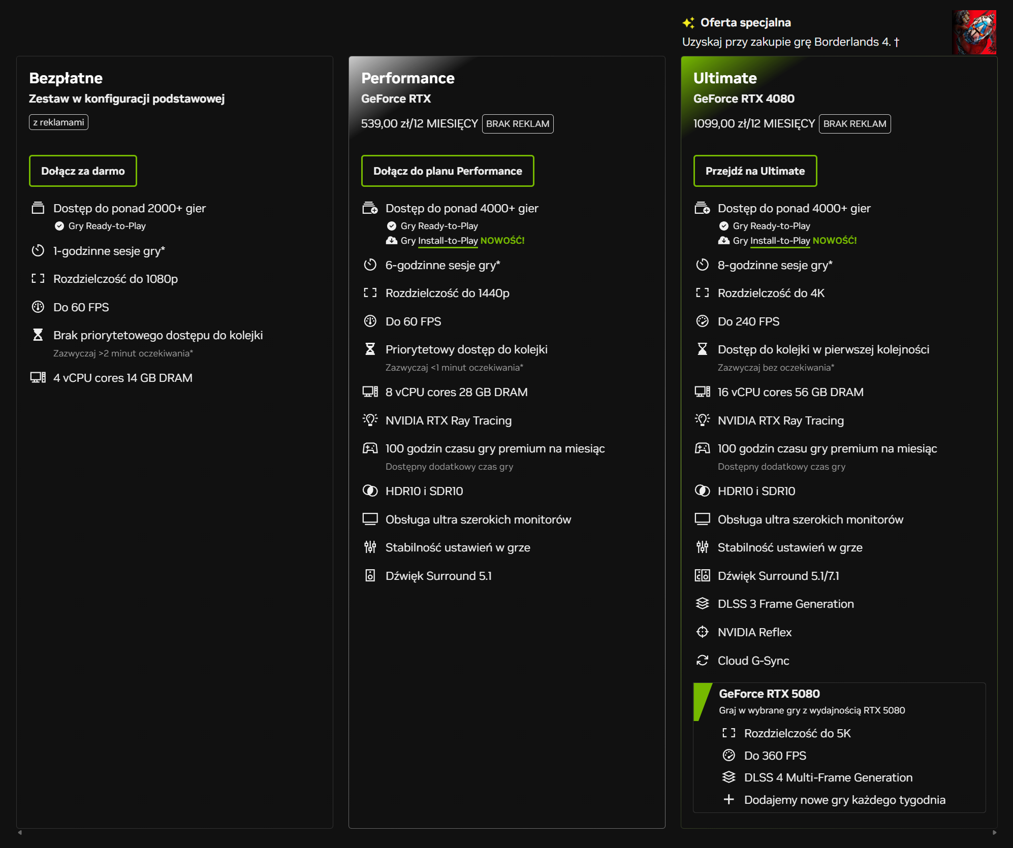 Wybrane pakiety NVIDIA GeForce NOW