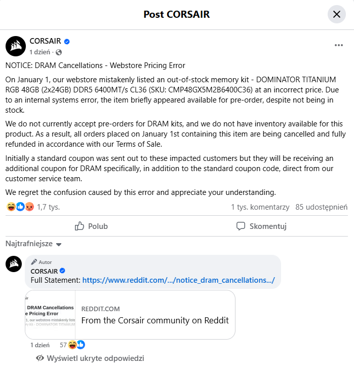 Corsair masakrowany przez graczy. Firma perfidnie anulowała zamówienia, aby zarobić więcej
