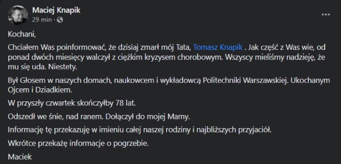 Tomasz Knapik nie żyje. Znany lektor zmarł w wieku 77 lat