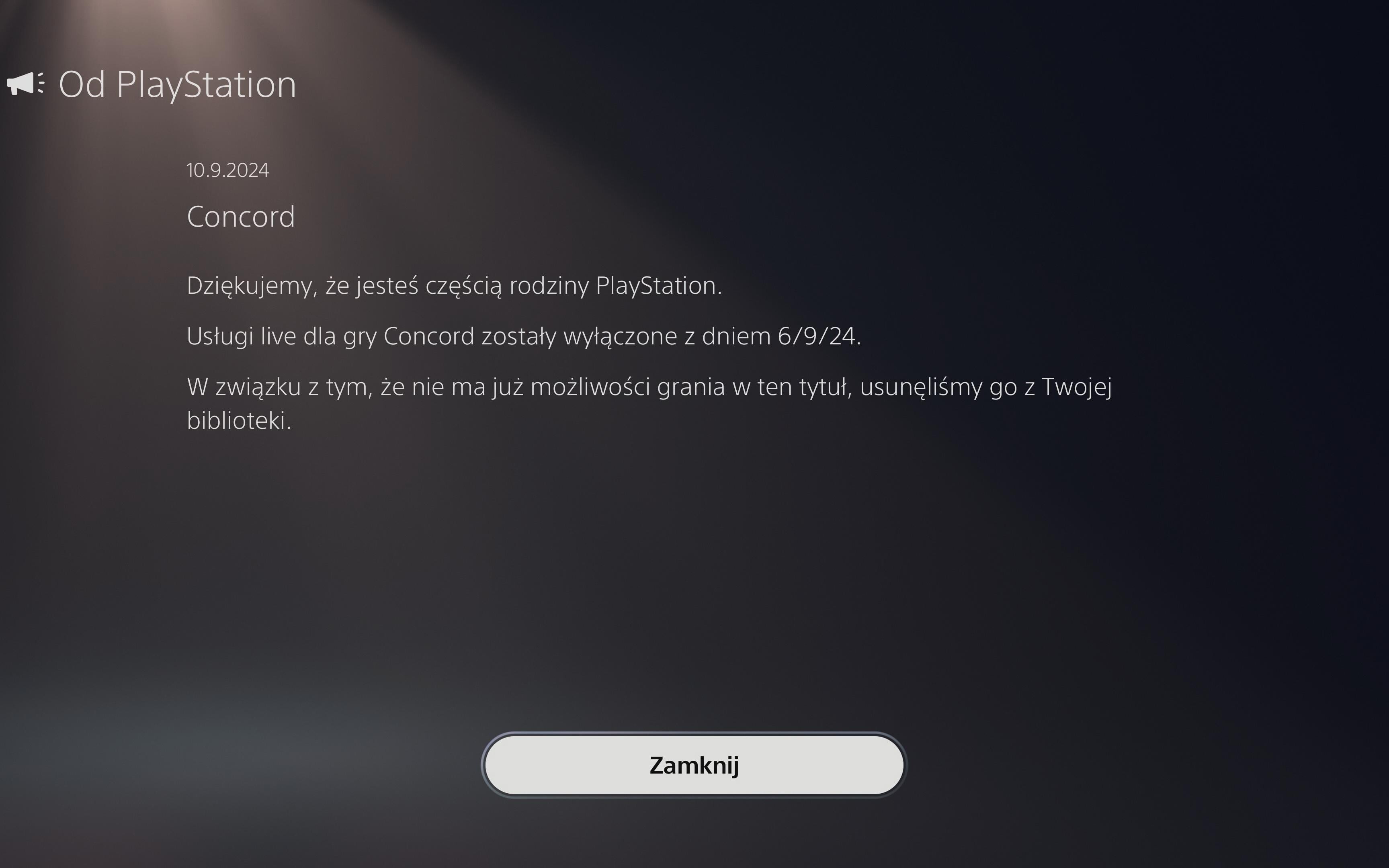 Concord PlayStation wiadomość