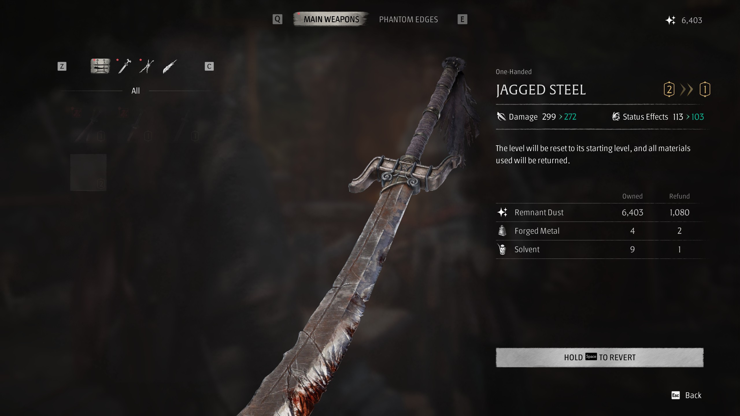Statystyki bazowe: Każdy poziom podnosi Damage (np. dla Jagged Steel z 272 na 299) oraz Status Effects (z 103 na 113 – przyspiesza nałożenie np. krwawienia czy podpalenia).   Perki pasywne mają progi poziomów:Unikalne efekty broni (np. Blood Blade czy Relentless Bleed) odblokowują się i wchodzą na wyższe tiery na sztywnych progach poziomu broni – m.in. na 5. i 10. poziomie ulepszenia.   Koszty rosną dwutorowo: Ulepszenie wymaga zawsze błękitnego pyłu (Remnant Dust) oraz fizycznych komponentów rzemieślniczych (np. Forged Metal, Solvent).   Funkcja Max: Można wbić maksymalny osiągalny poziom jednym kliknięciem bez klikania poziom po poziomie, o ile masz zasoby.