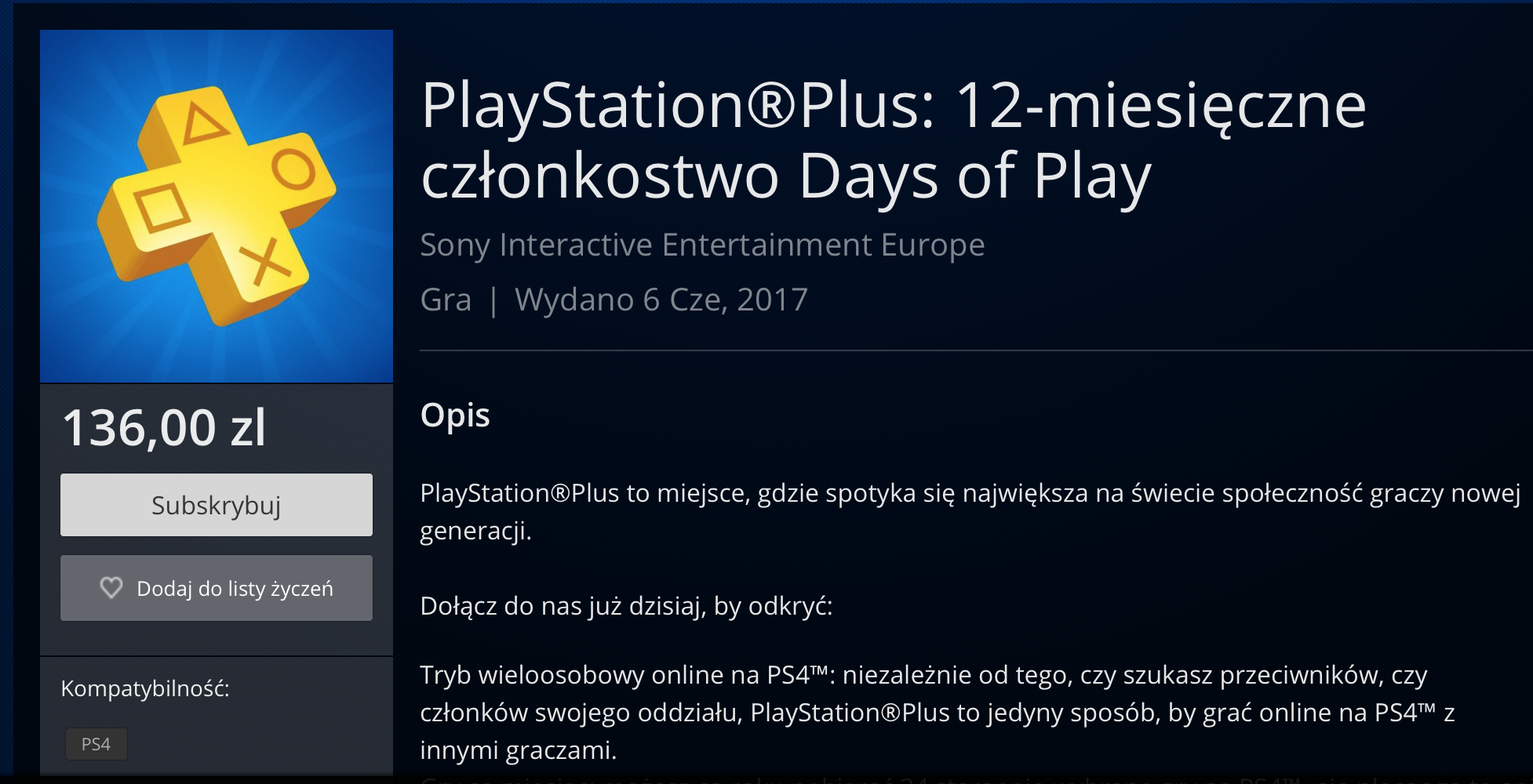 Roczna subskrypcja PlayStation Plus za 136 zł w ramach Days of Play!