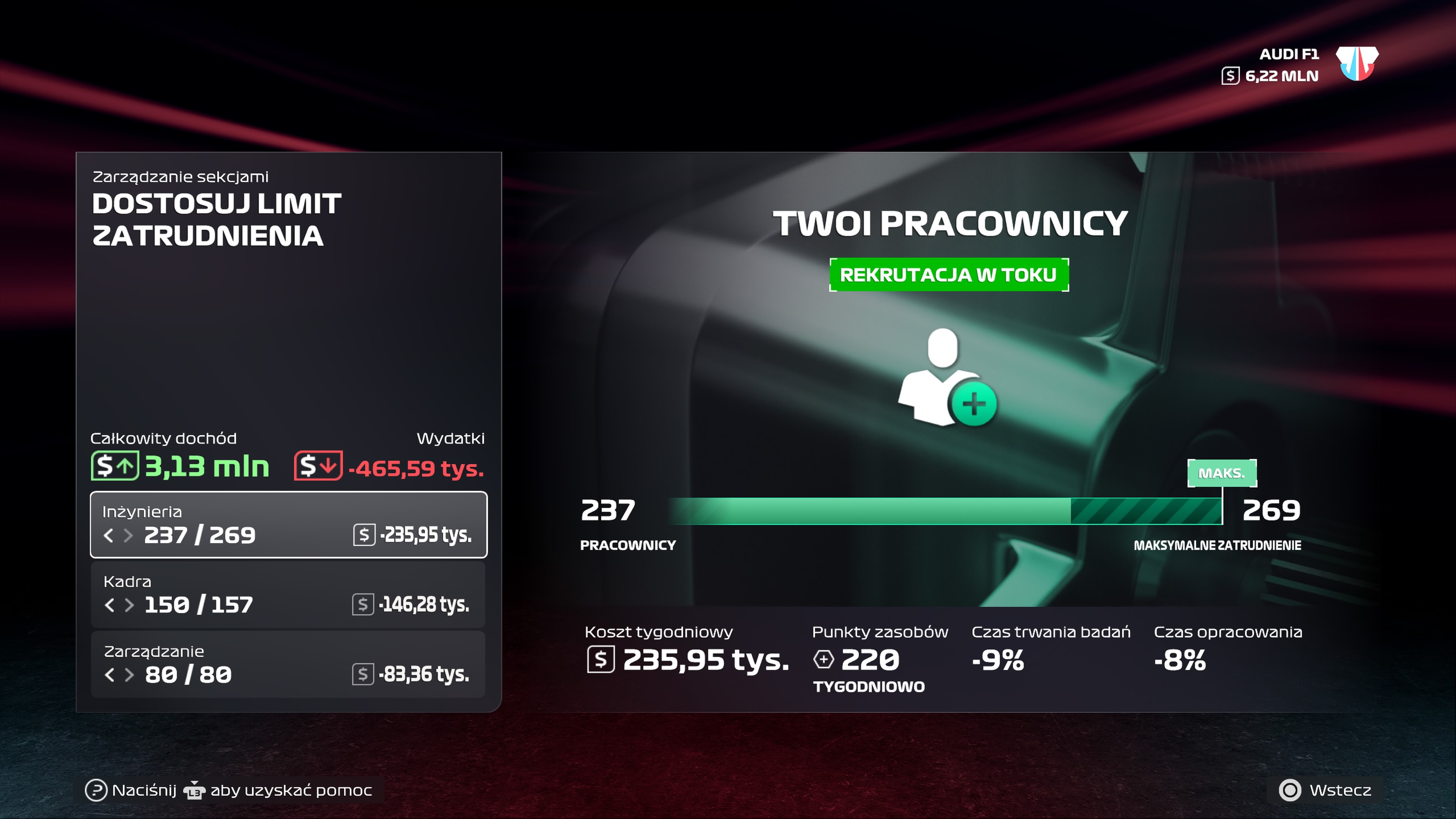 F1 25 - Pracownicy w MyTeam: funkcjonalność, co robią, wydajność, limit zatrudnienia