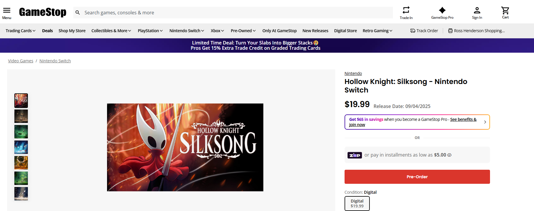 Hollow Knight: Silksong Gamestop cena