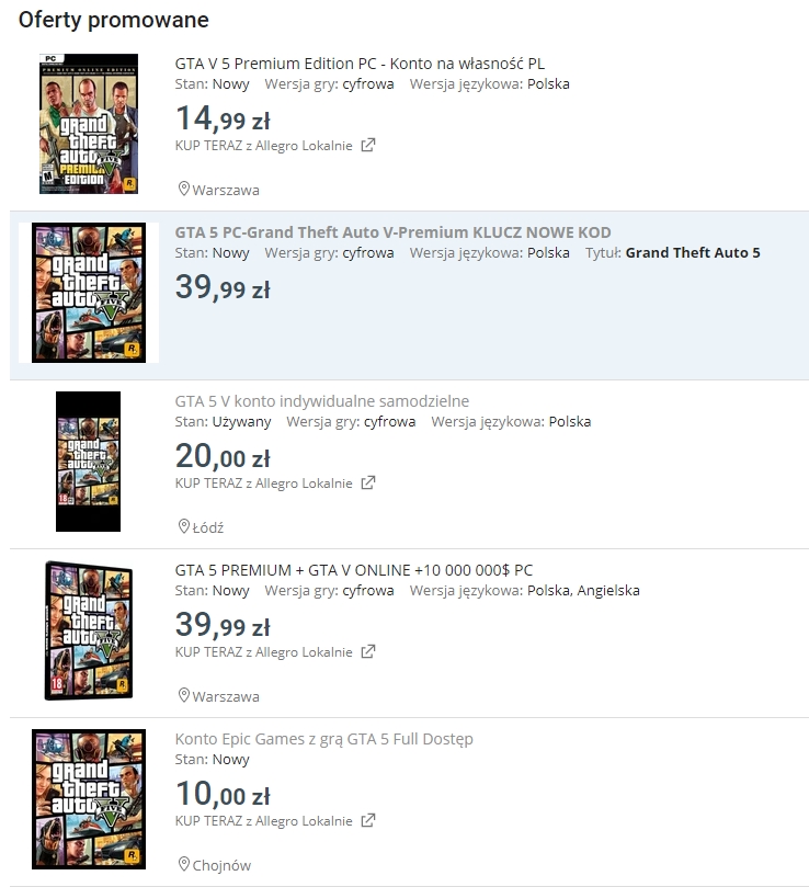 GTA 5 już na Allegro. Janusze biznesu sprzedają konta z bezpłatną grą z Epic Games Store