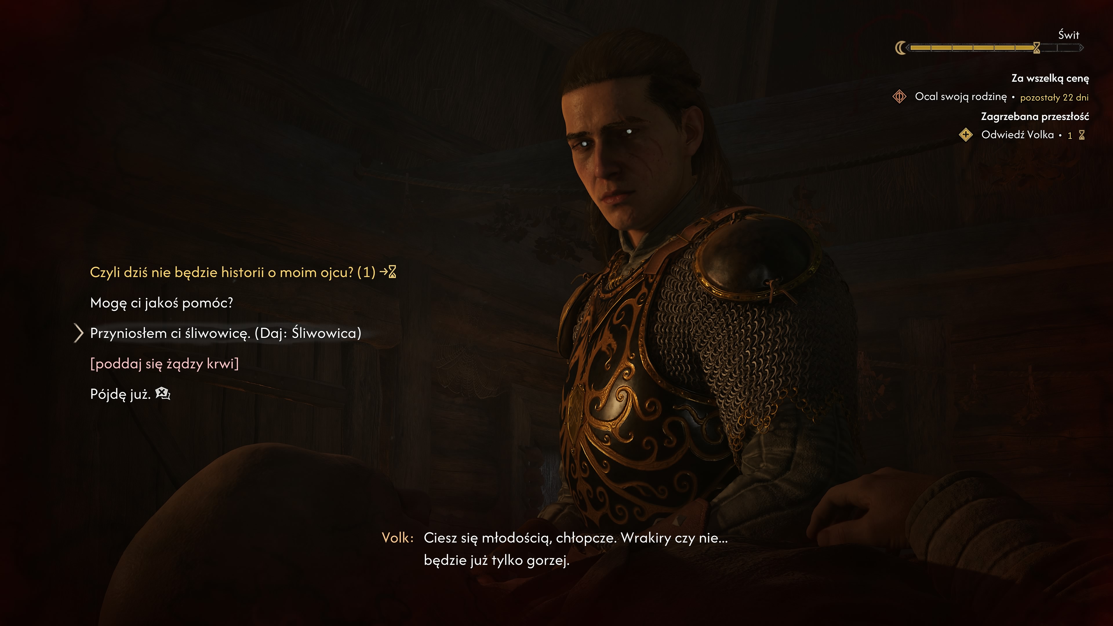 The Blood of Dawnwalker - Zagrzebana przeszłość: miejsce Pietera, piwo, Volk, drewno, wilki, śliwowica