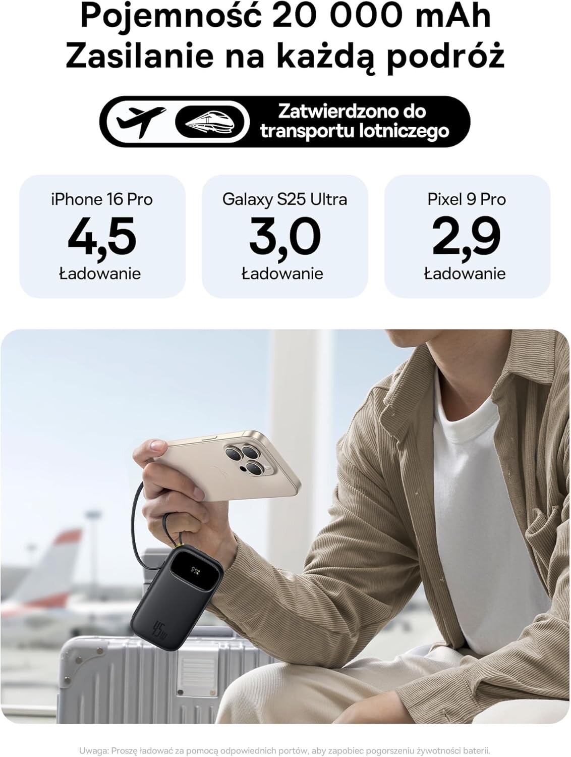Powerbank Baseus QPow3 z mocą 45W, ekranem LCD i 2 kablami USB-C za 99 zł