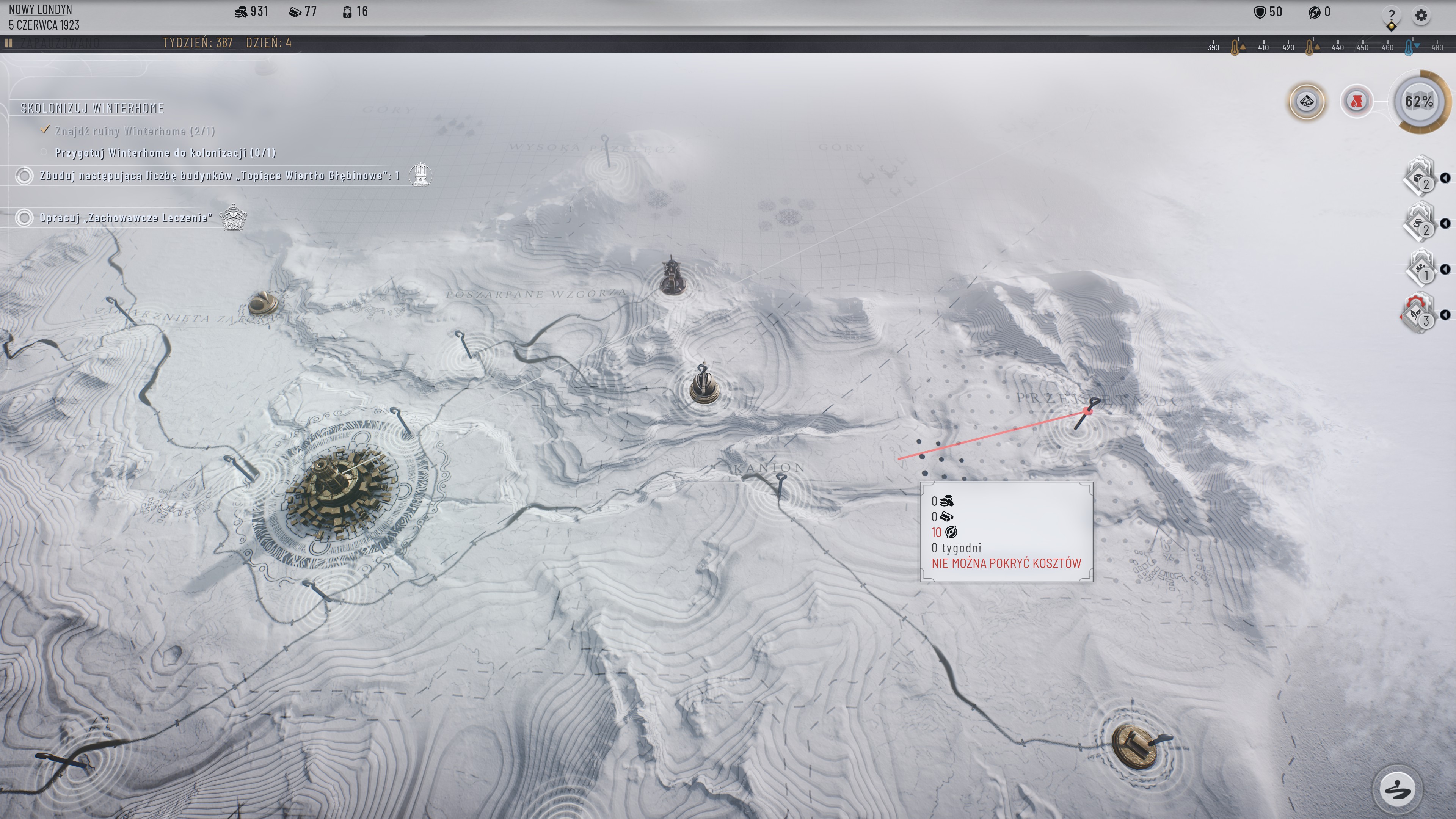 Gdy całkowicie zniknie zamieć, wyślij swoje oddziały do tego miejsca, aby zbadały Ruiny Winterhome. W międzyczasie oczywiście badaj zachód, aby nie tracić czasu. Jeśli Twoje relacje z Pielgrzymami spadną, ci rozpoczną protest.  [img]1577544[/img]  Wystarczy jednak przywrócić relacje z nimi do neutralności, aby go zażegnać. Możesz złożyć im obietnice, sfinansować projekty (przekazując ciepłowniki) lub zgodzić się opracować jakieś badania. Jednocześnie nie bierz od nich pieniędzy ani nie uchwalaj praw, których nie chcą.