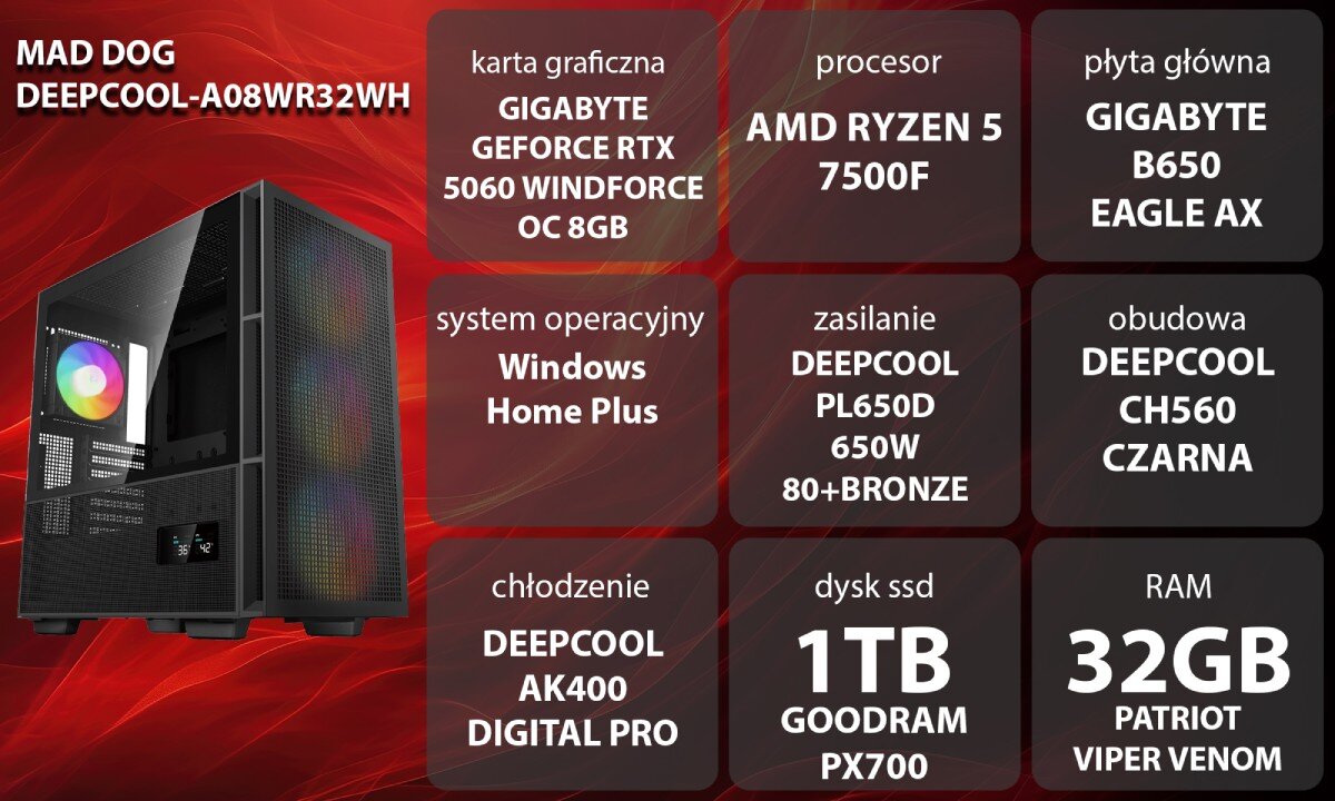 Bardzo dobry komputer Mad Dog z 32 GB RAM 6000 MHz i RTX 5060 z rabatem 600 zł