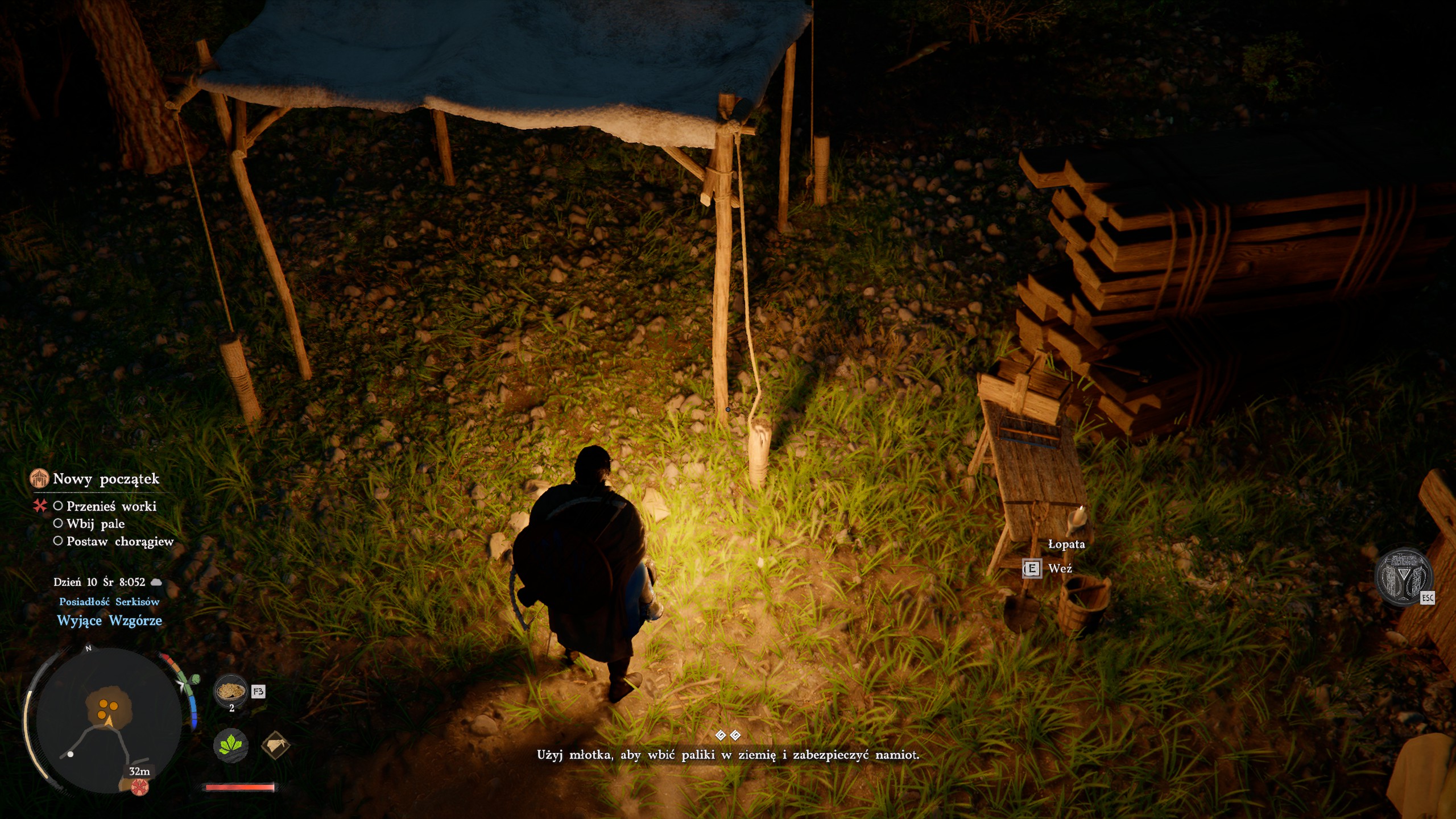 Crimson Desert - Nowy początek: kamień, wóz, paliki, młotek, chorągiew