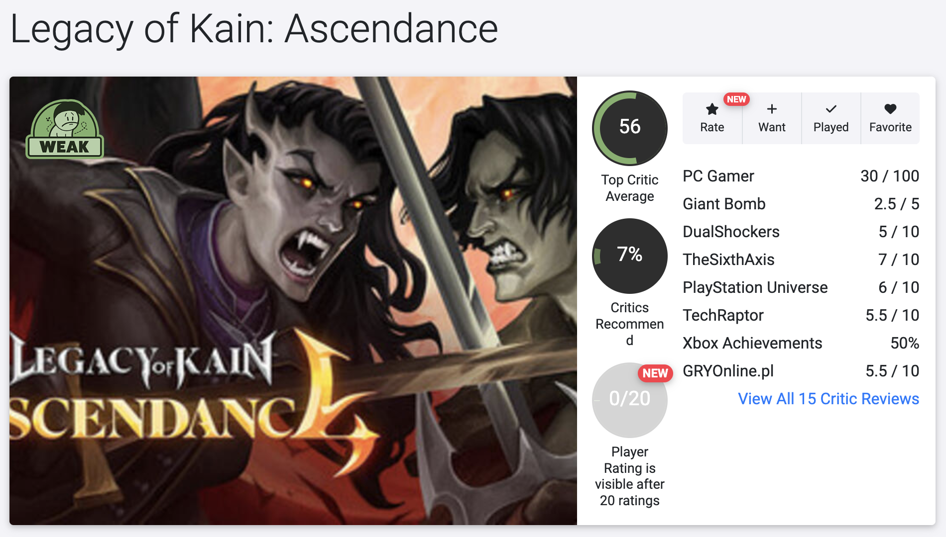 Legacy of Kain: Ascendance Opencritic