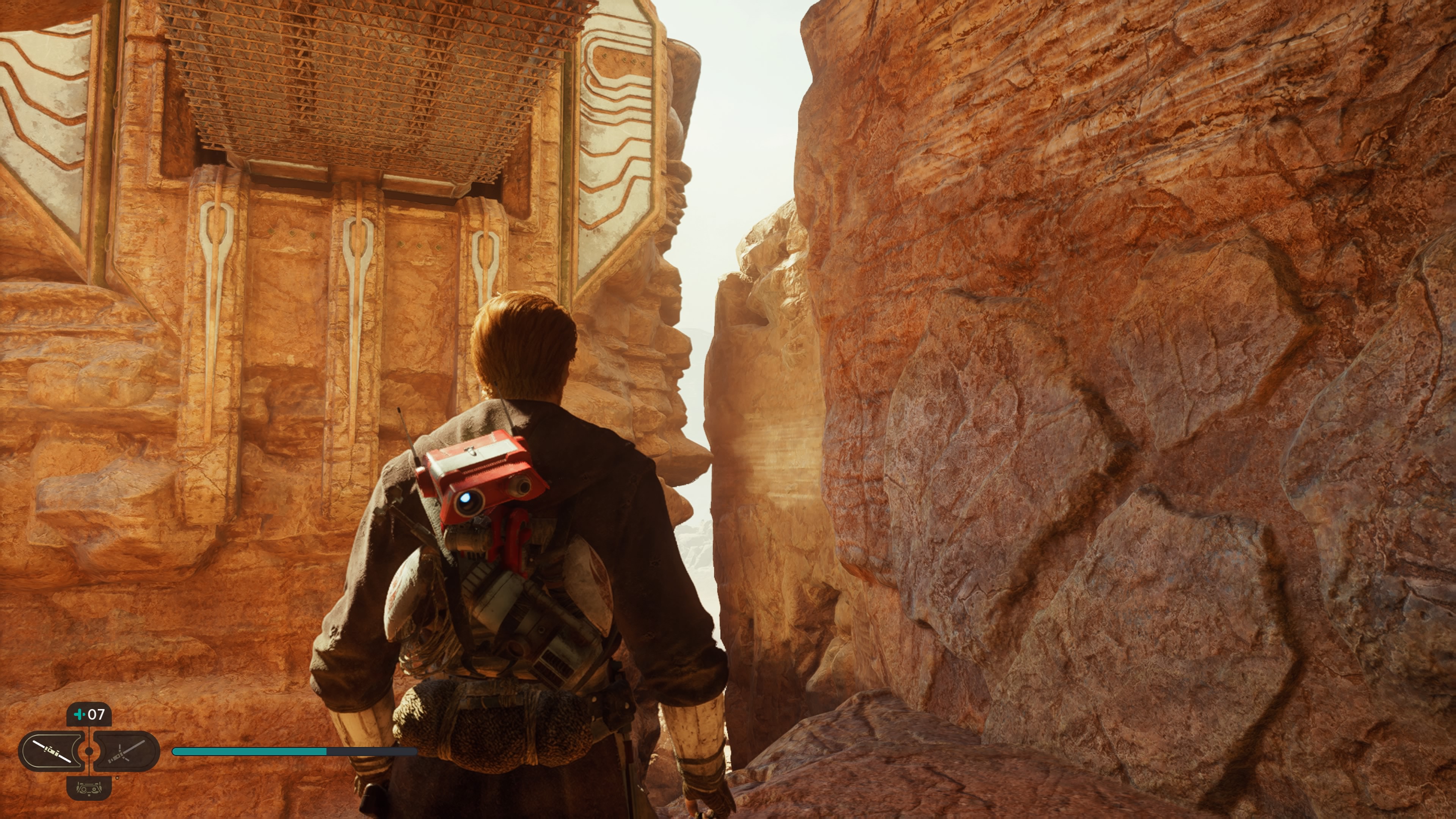 Star Wars Jedi Survivor (Ocalały) - Jedha: mocny wiatr, droid, most, śpiewające ruiny, retrospekcja