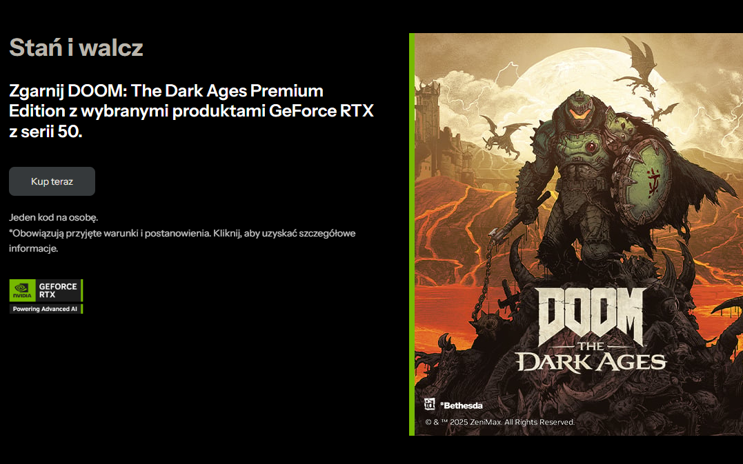 Świetna okazja na kartę graficzną RTX 5070 z 12 GB VRAM + DOOM The Dark Ages - za 2599 zł