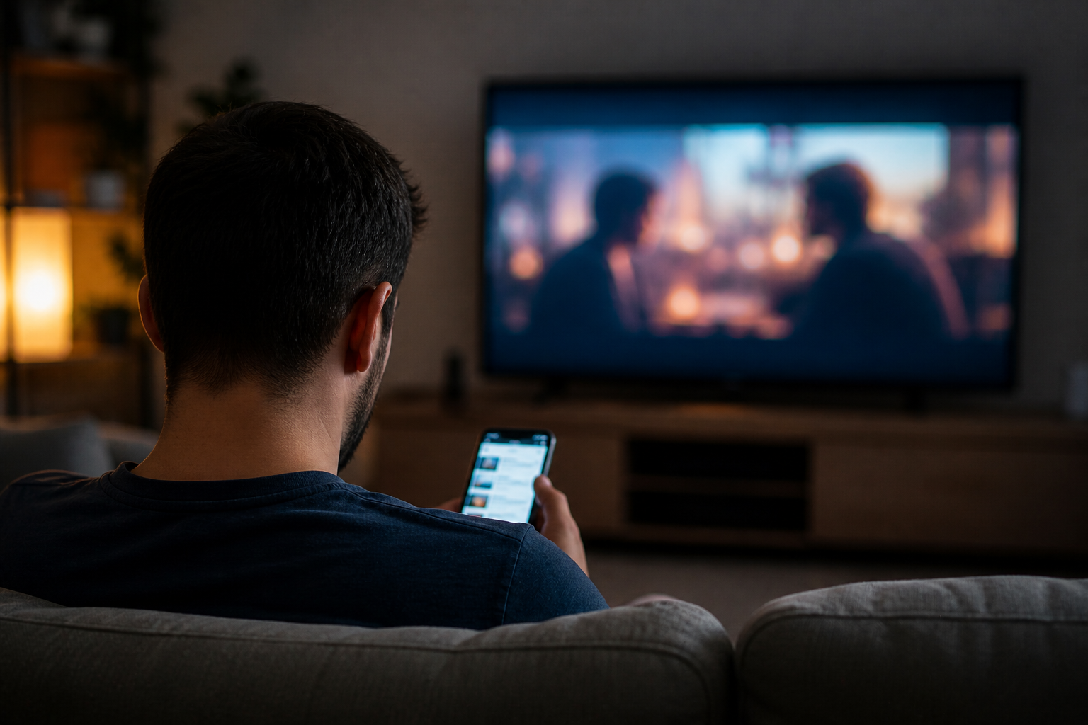 Mężczyzna z smartfonem w ręku ogląda TV