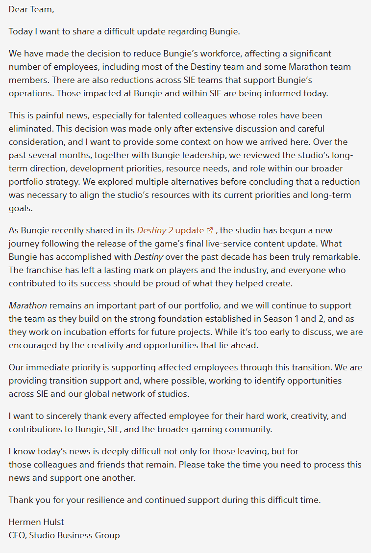 Bungie zwolnienia - oświadczenie Sony