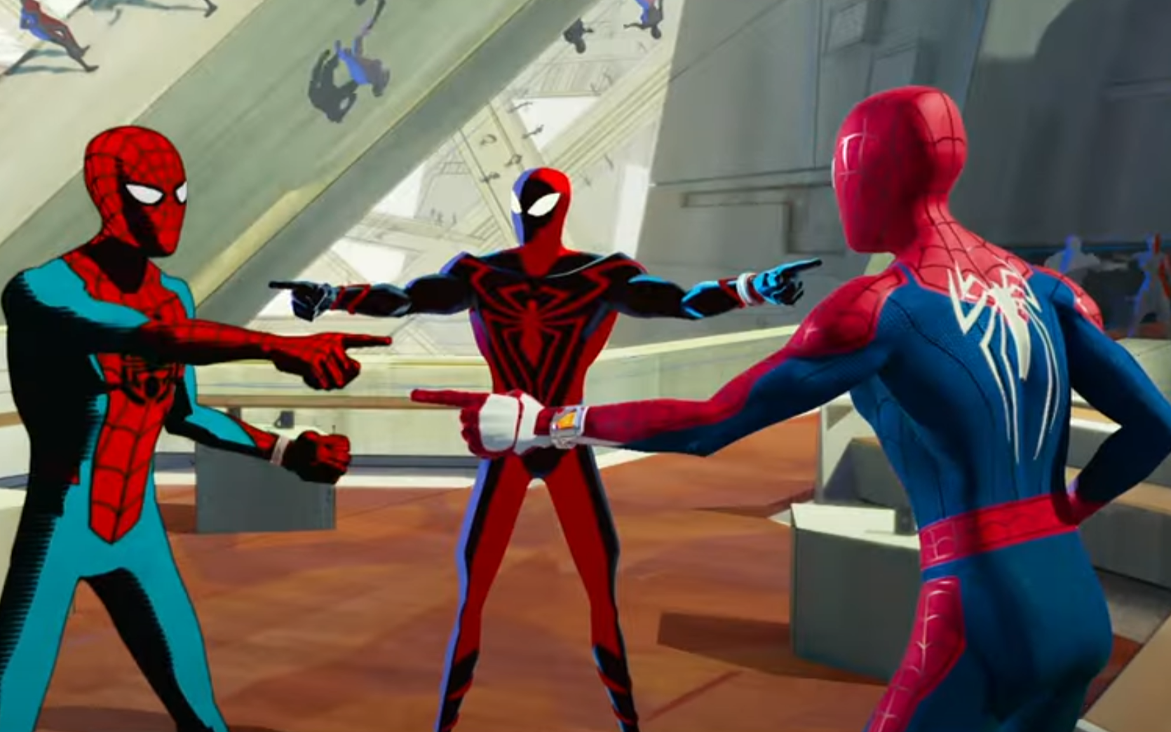 Imagem de um dos trailers de "Across the Spiderverse" com Spider-Man Unlimited, Marvel's Spider-Man e um Homem-Aranha não identificado (Divulgação/Sony Pictures)