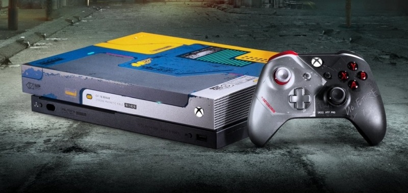 Xbox One X w wersji Cyberpunk 2077 prezentowany przez Microsoft. Firma pokazuje odpicowaną konsolę