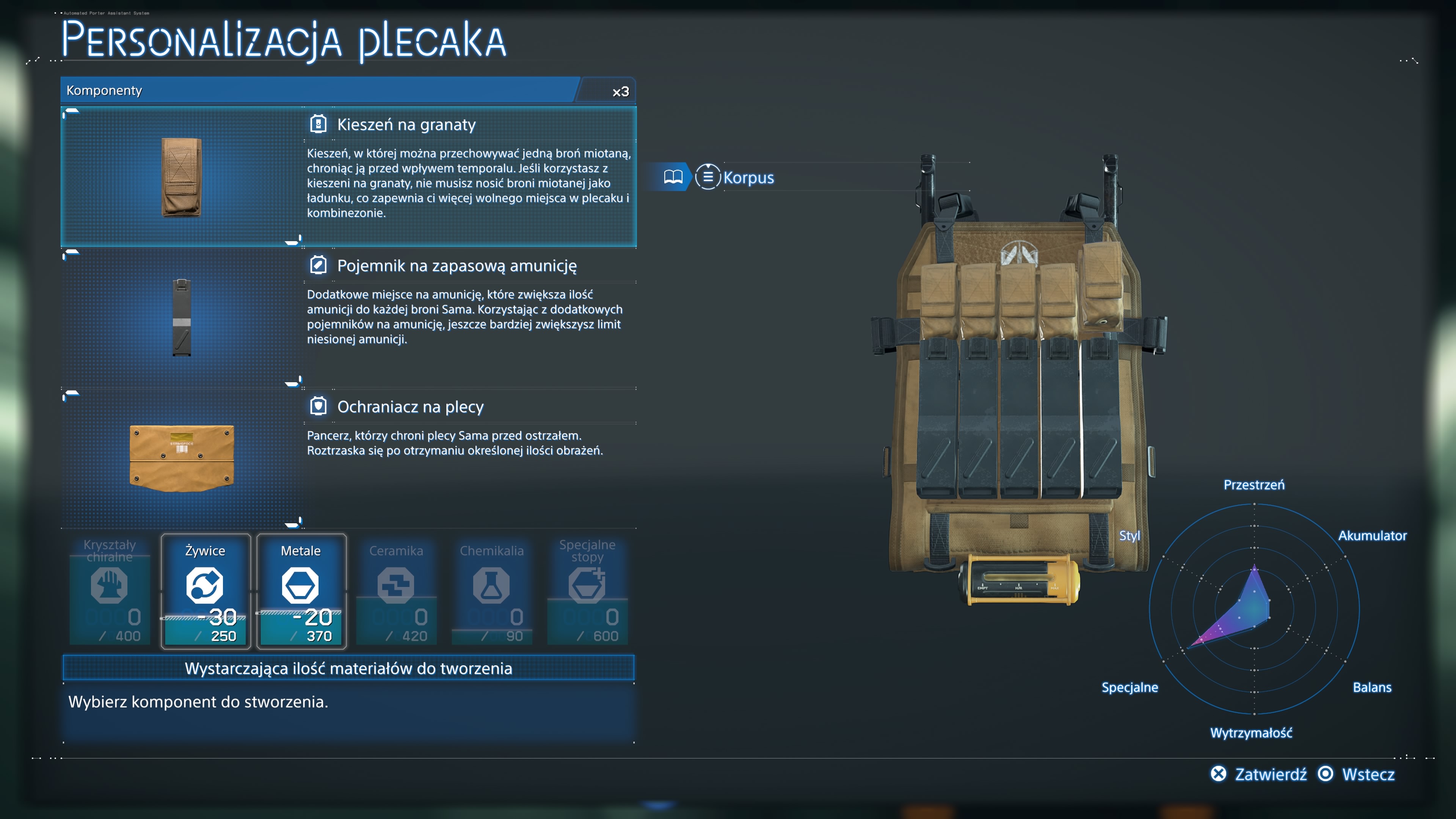 Death Stranding 2 - Plecak: modyfikacje, zdejmowanie, kieszeń na granaty, pojemnik z zapasową amunicją