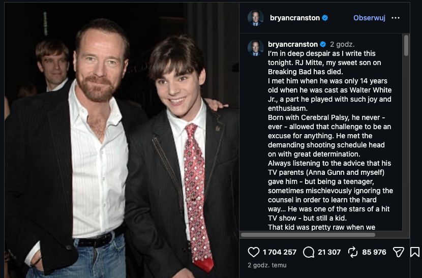 Bryan Cranston opublikował poruszające słowa - Gwiazdy Breaking Bad żegnają R.J. Mitte. 