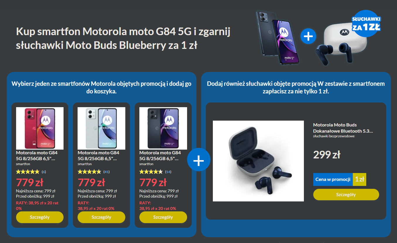 Takiej okazji nie było! Smartfon Motorola G84 8/256 GB z 120 Hz + słuchawki z ANC o wartości 299 zł za 1 zł