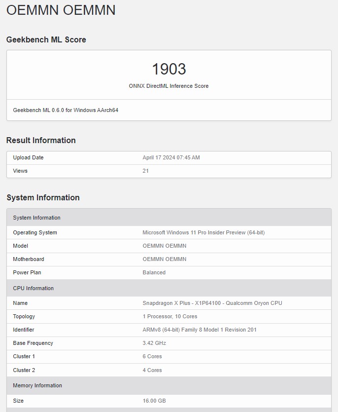 Geekbench ML Snapdragon X Plus
