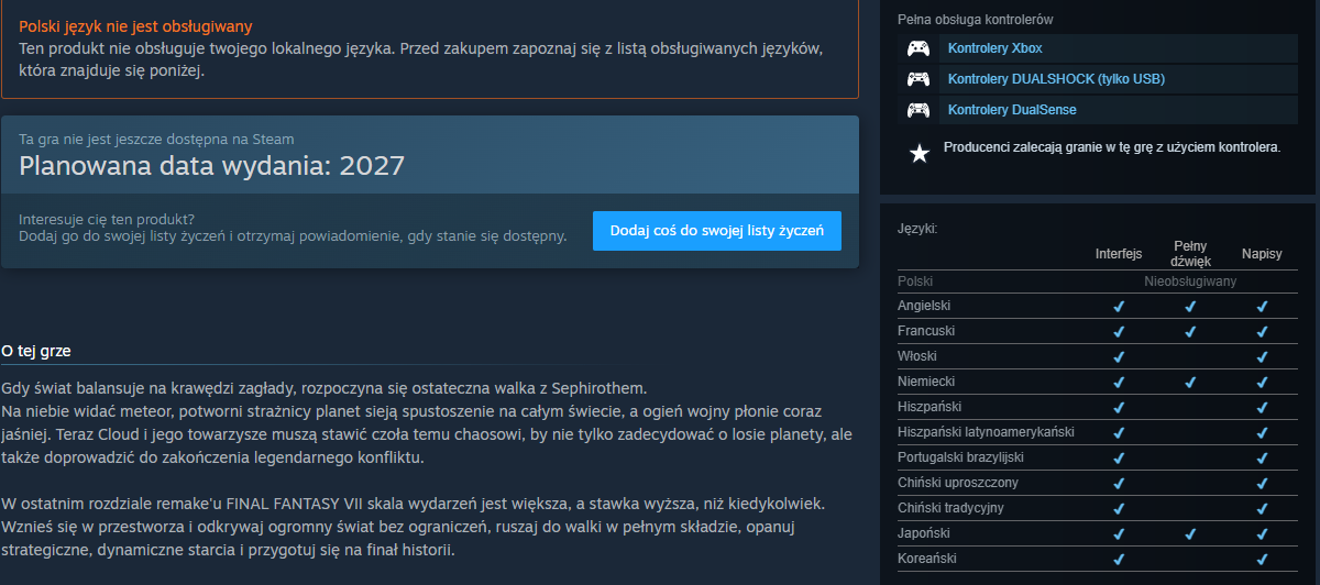 Final Fantasy VII Revelation bez polskich napisów