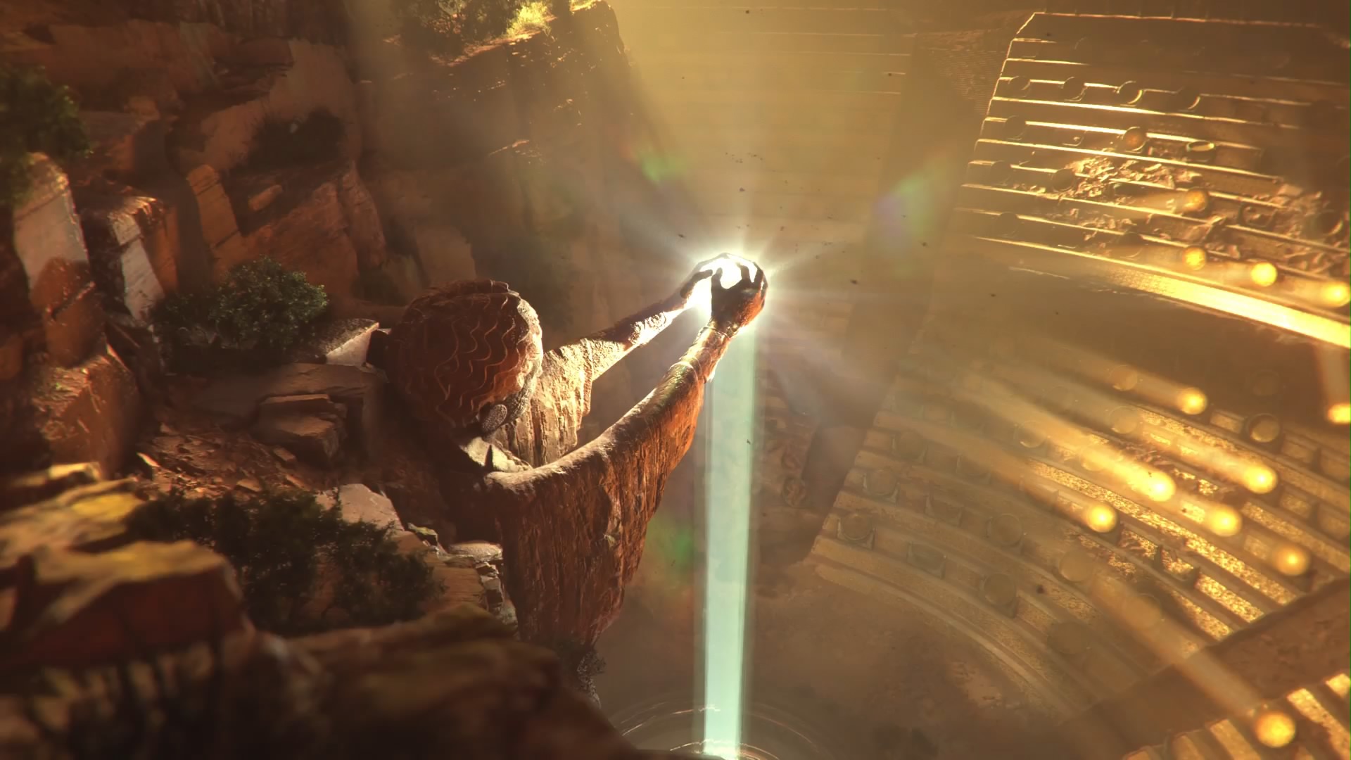 Resonance: A Plague Tale Legacy - recenzja gry. Posąg trzyma promień światła