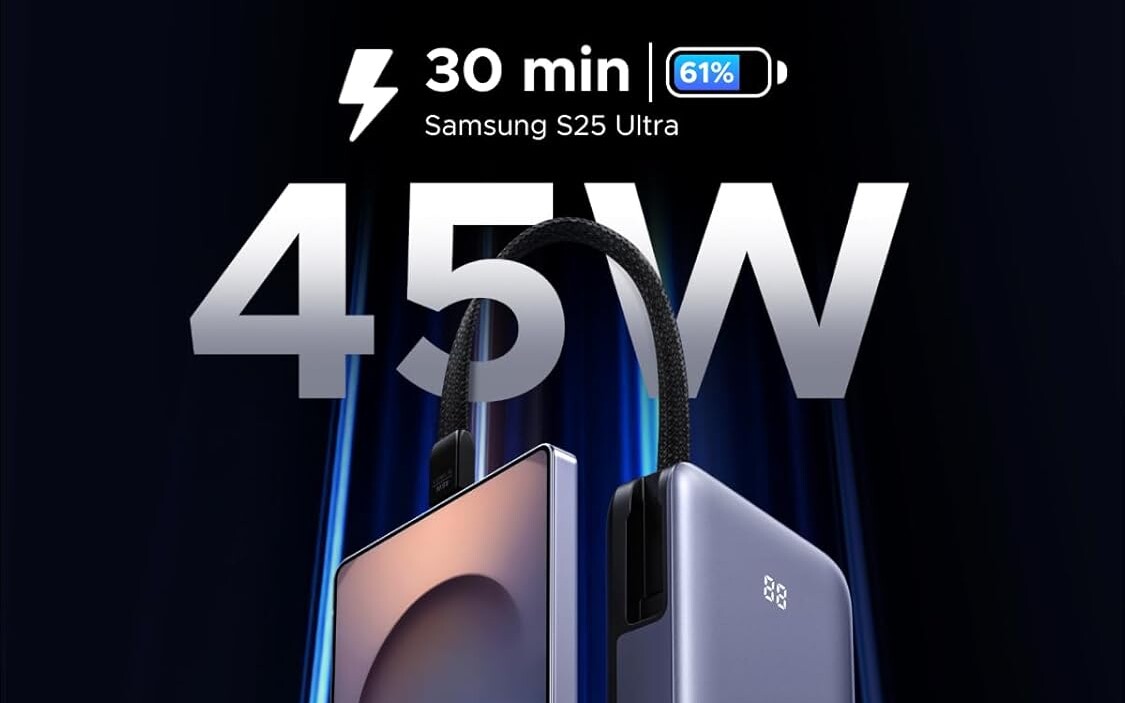 Powerbank Ugreen z 20 000 mAh, mocą 45W, ładujący w 30 min telefon + wbudowany kabel za 104 zł