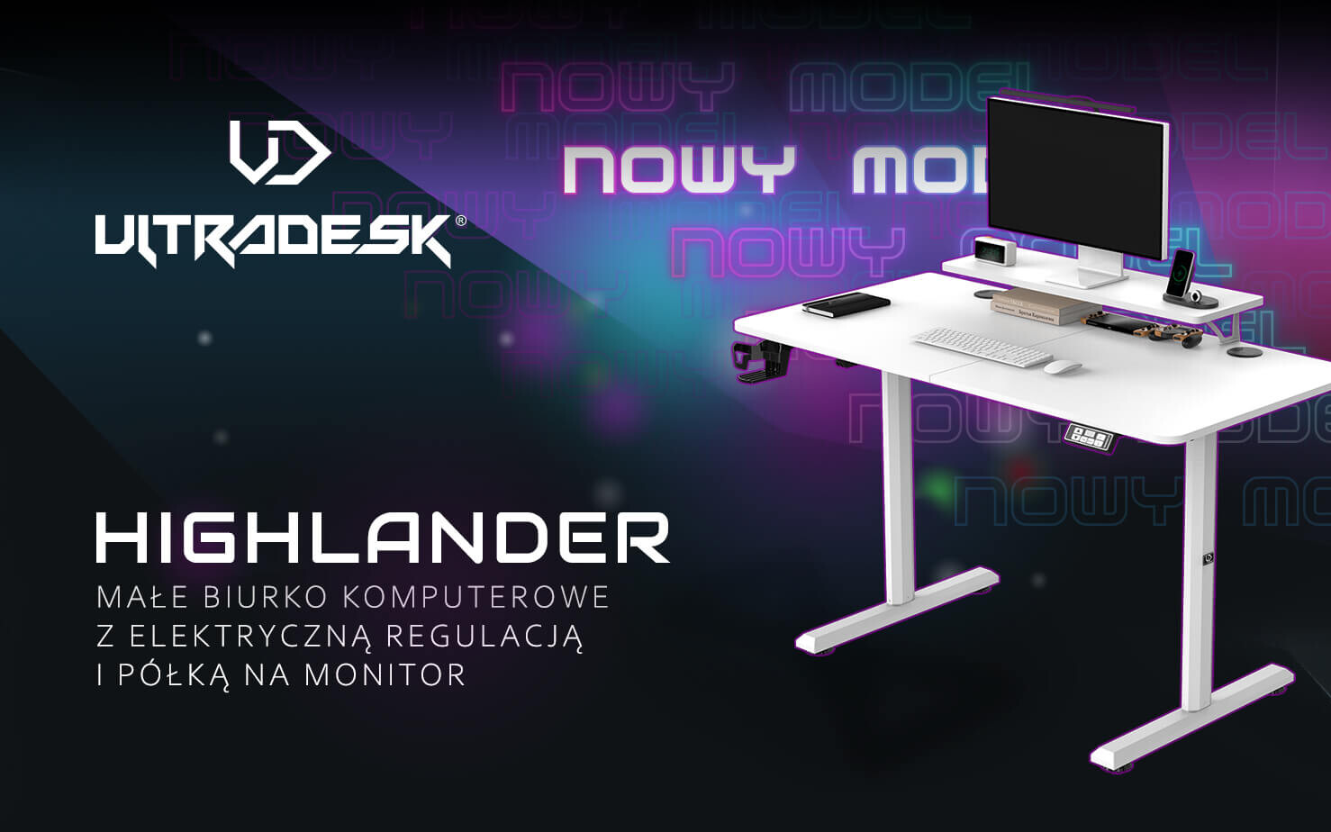 Bestsellerowe biurko Ultradesk Highlander z 120 cm, elektryczną regulacją i uchwytami za 469 zł zamiast 699 zł