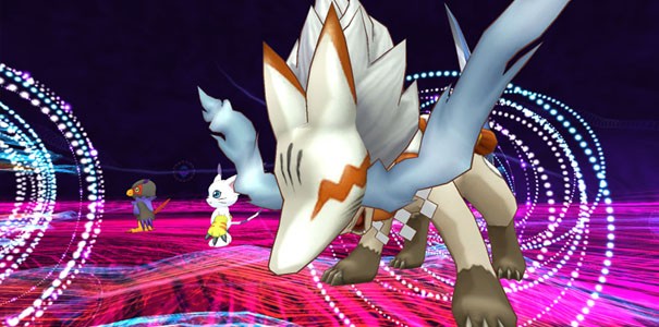 Dwa zrzuty z Digimon Story: Cyber Sleuth przedstawiają Gatomona, Reppamona i Falcomona