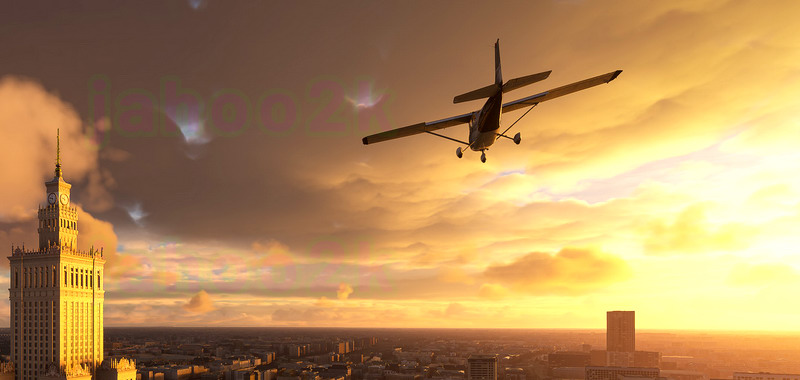 Microsoft Flight Simulator zachwyca grafiką. Warszawa o zachodzie słońca na screenie