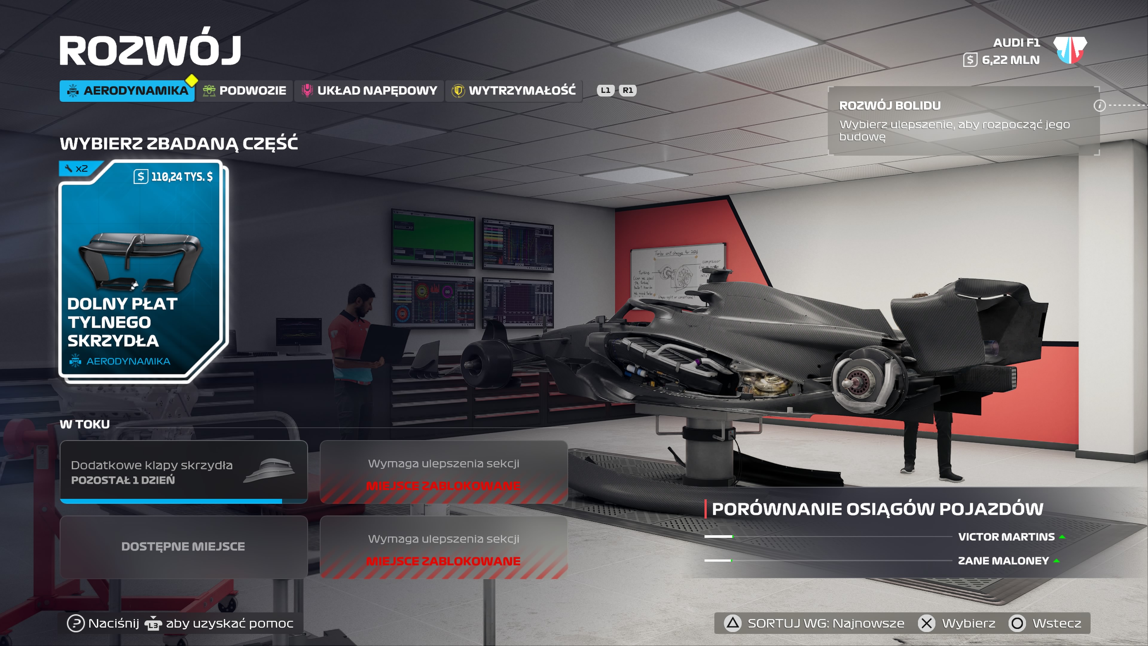 F1 25 - Badania, komponenty i rozwój bolidu w MyTeam: ulepszenia, produkcja, zarządzanie częściami